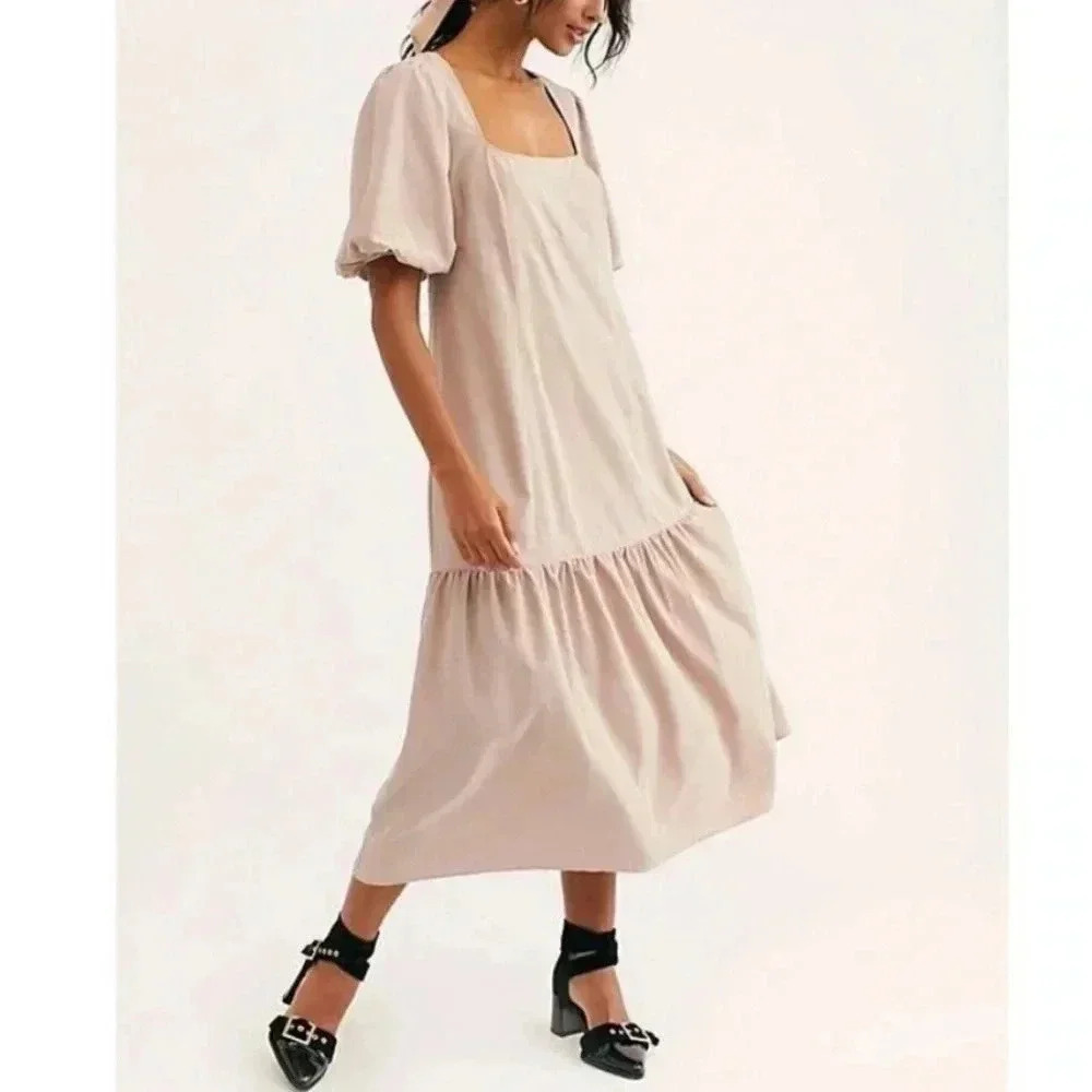 FREE PEOPLE Jordan Puff Short Sleeve Ruffle Hem Midi Dress Size XS